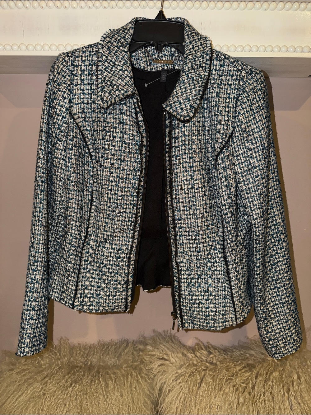 White House Black Market Blue and White Tweed Zip Jacket
